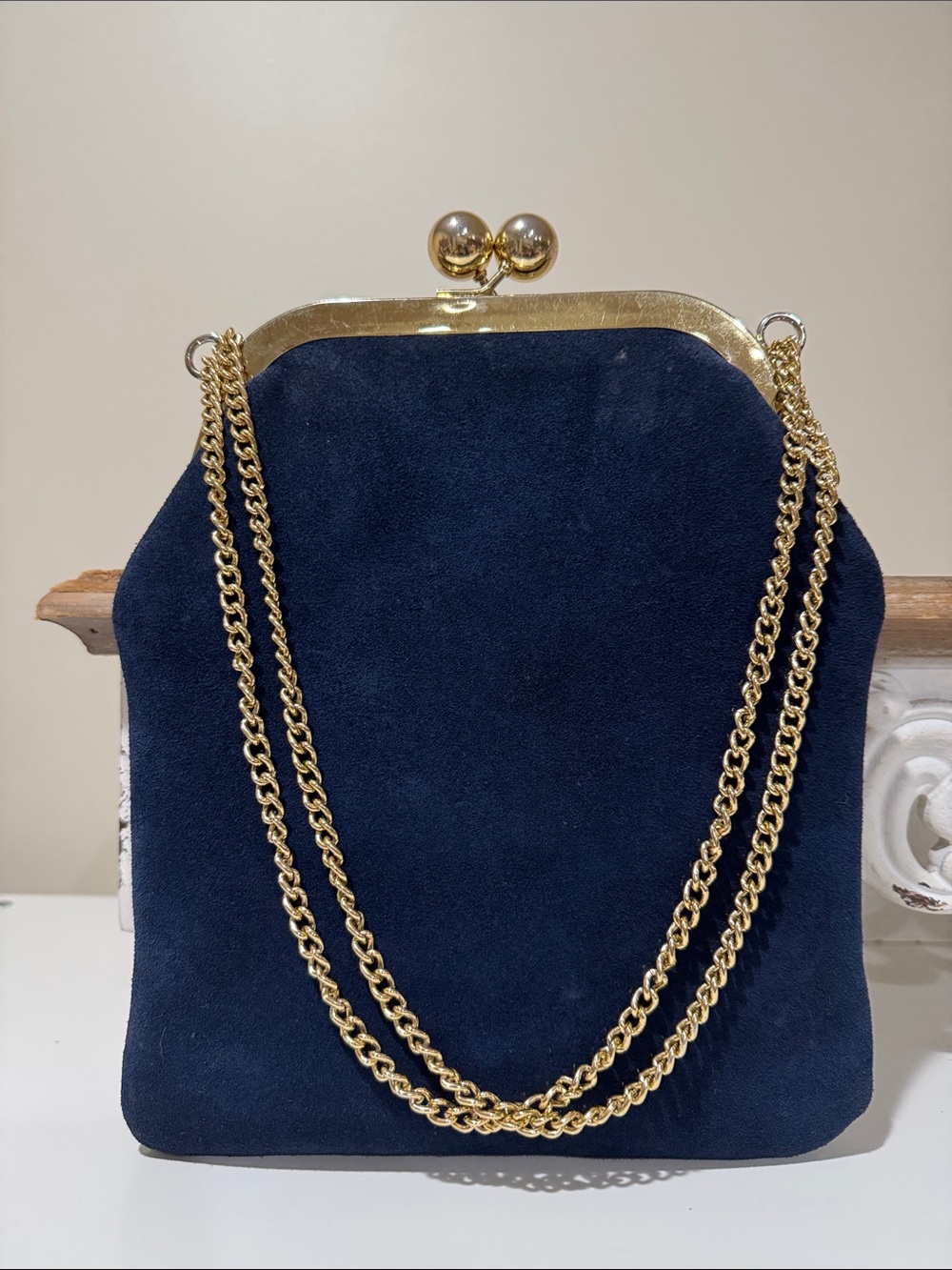 Vintage Navy and Red Suede Sailboat Accent Chain Shoulder 2-Way Bag - Picture 2 of 7